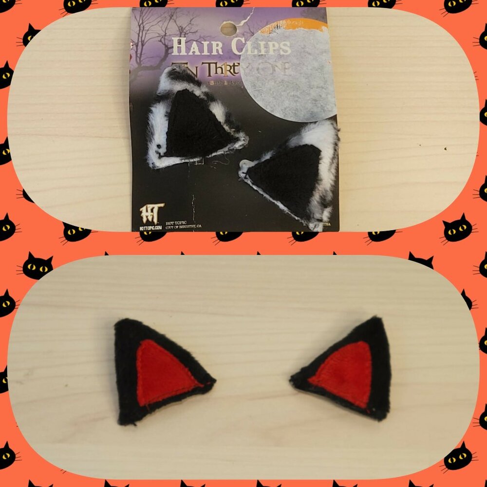 2 Pairs of HOT TOPIC Cat Ear Costume Hair Clips: Black Red / White Leopard EUC